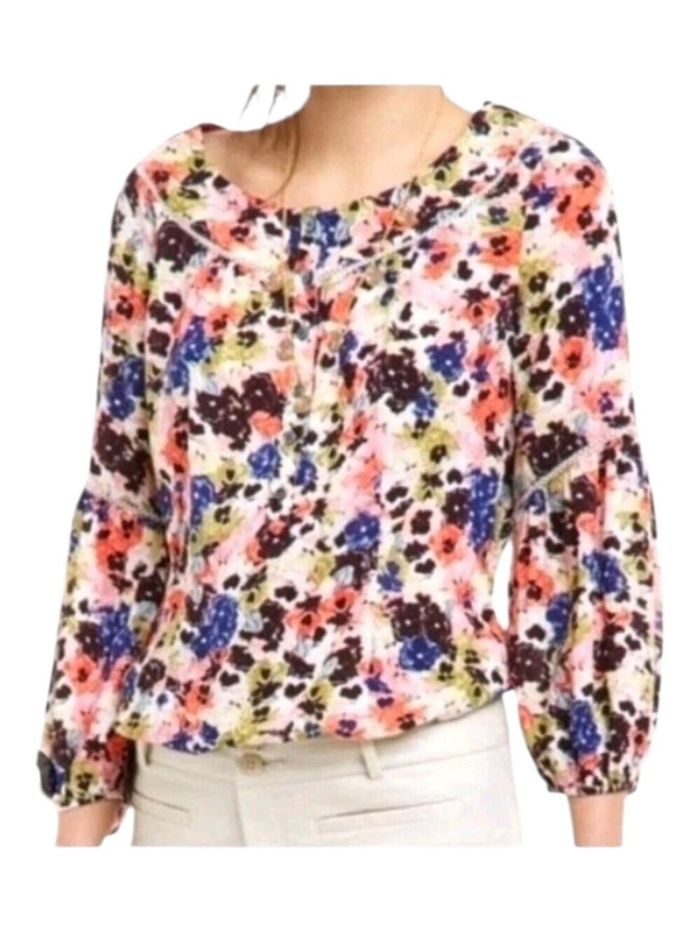 Maeve Womens Floral Pansy Field Boat Neck Crochet Lace Trim Blouse Size 2